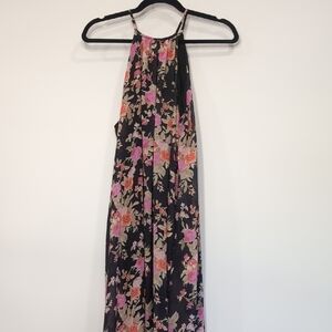 Peach Love California | Black Pink Floral Halter Maxi Dress Bohemian Size S